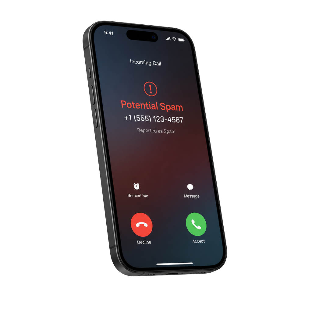 iPhone lock screen showing Potential Spam warning for a dealership call